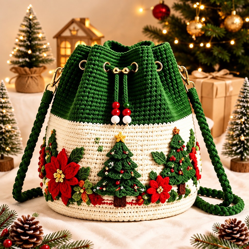 Christmas Tree crochet bucket bag with poinsettias and green braided strap