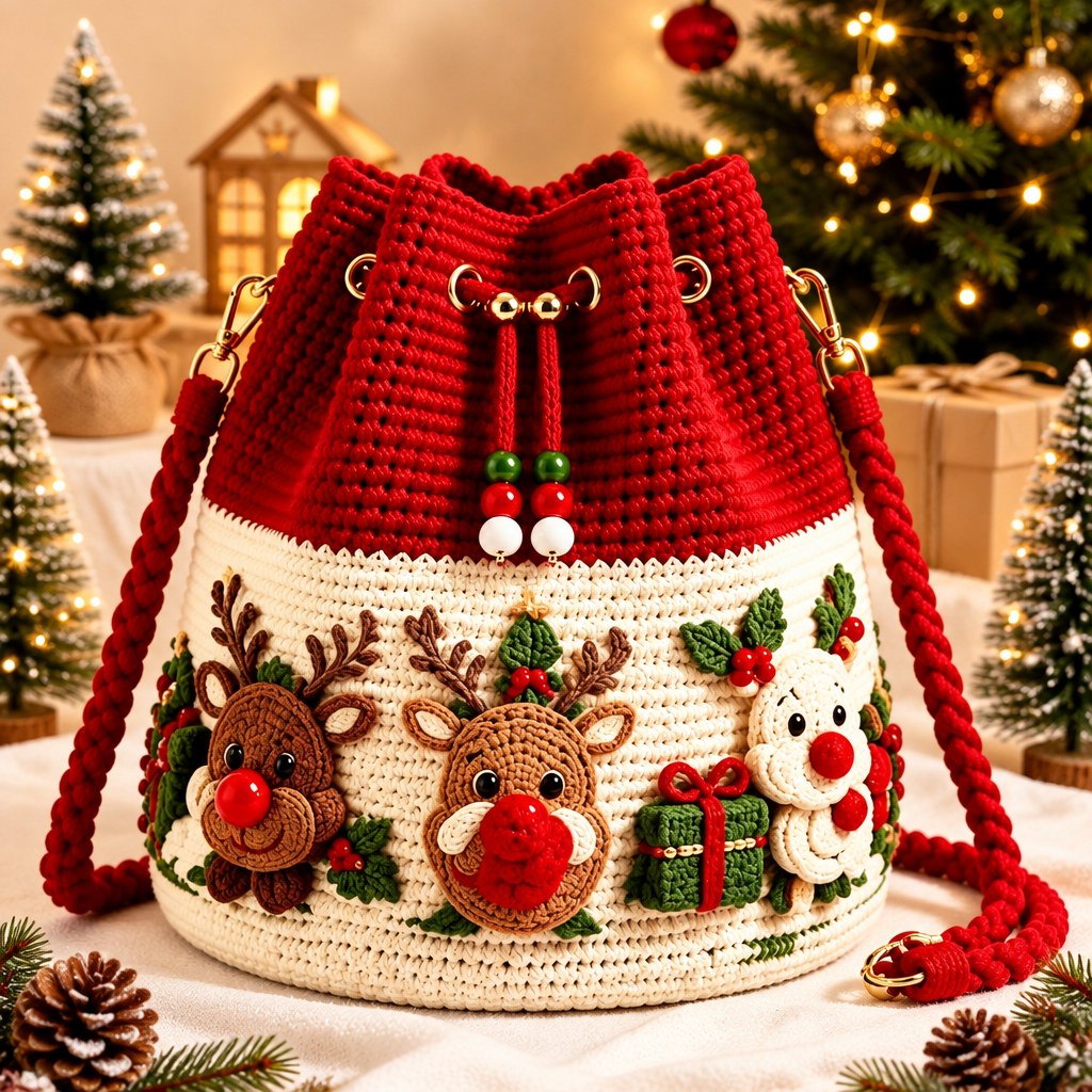 Reindeer crochet bucket bag with gift and red braided strap