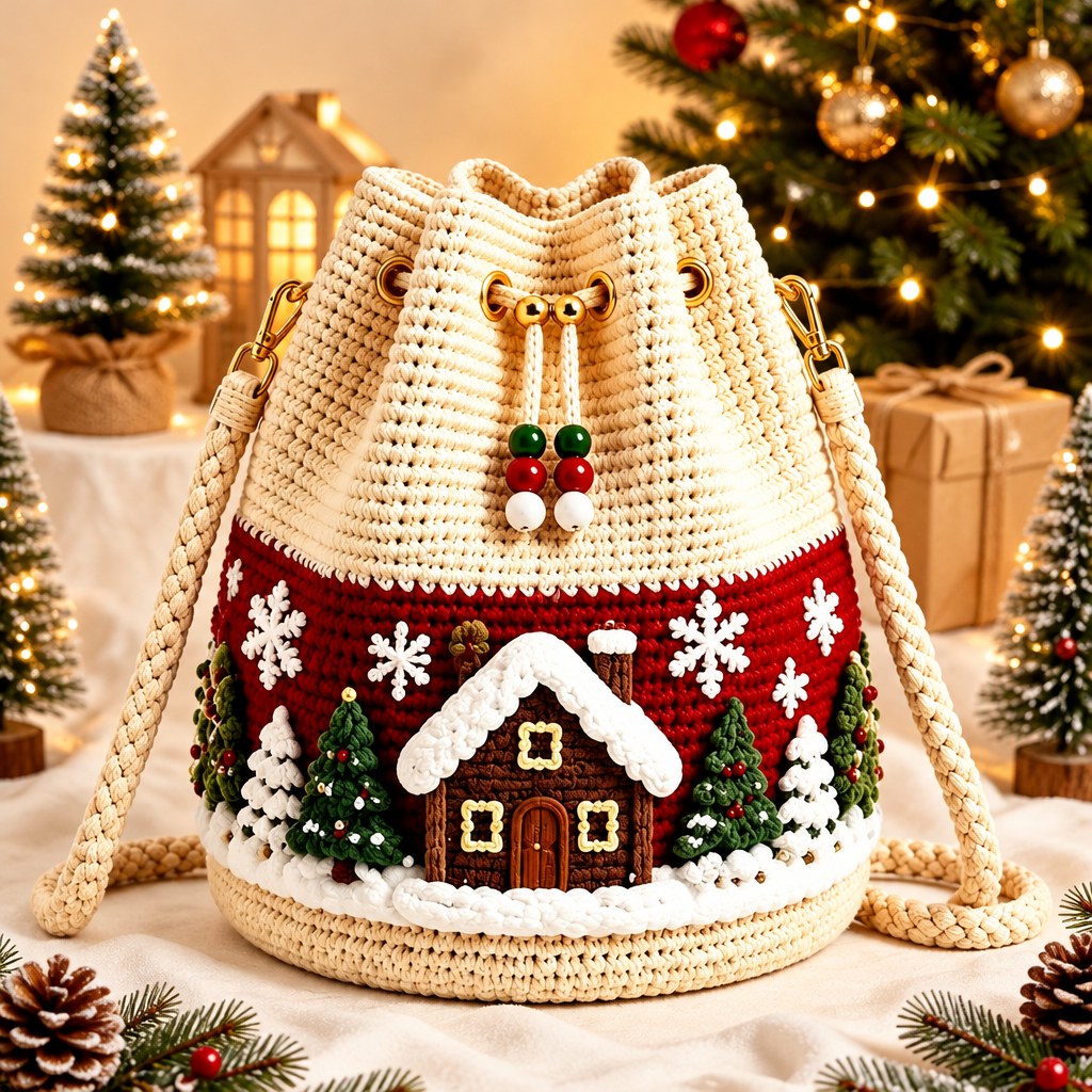 Snowy Cottage crochet bucket bag with snowflakes and cream braided strap