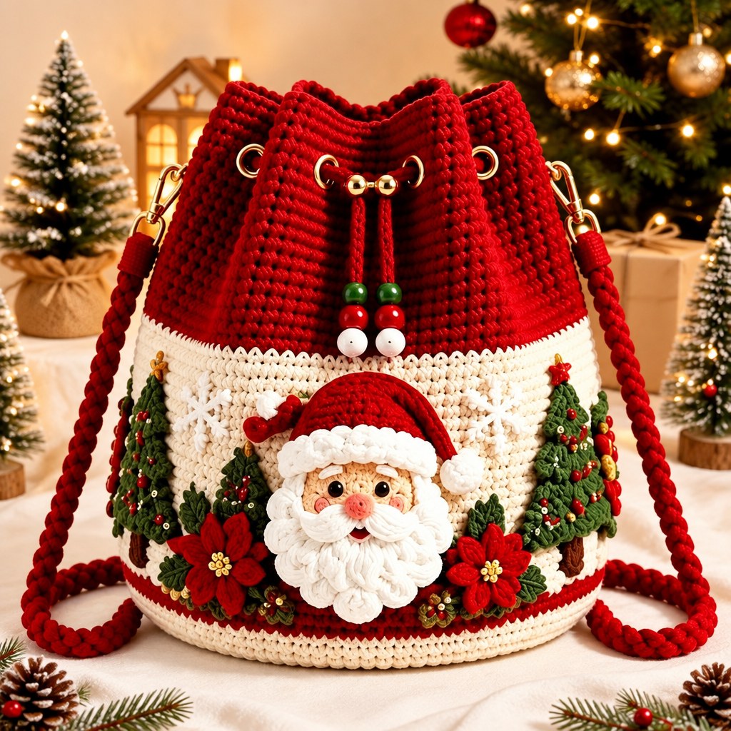 Santa crochet bucket bag with poinsettias and red braided strap
