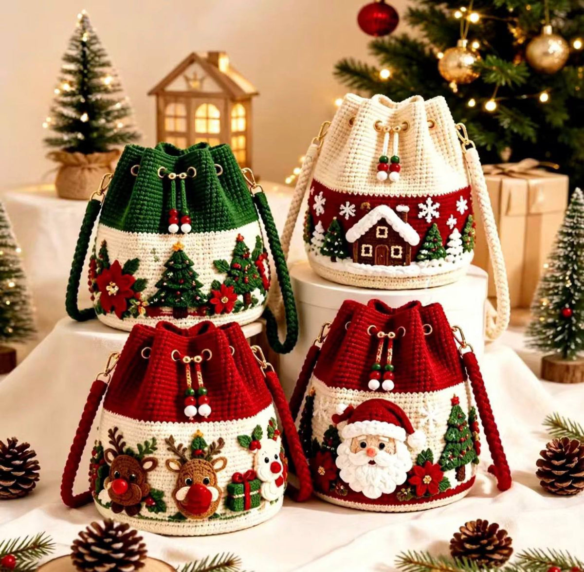 Four handmade crochet Christmas bucket bags: Christmas Tree, Snowy Cottage, Reindeer and Santa designs