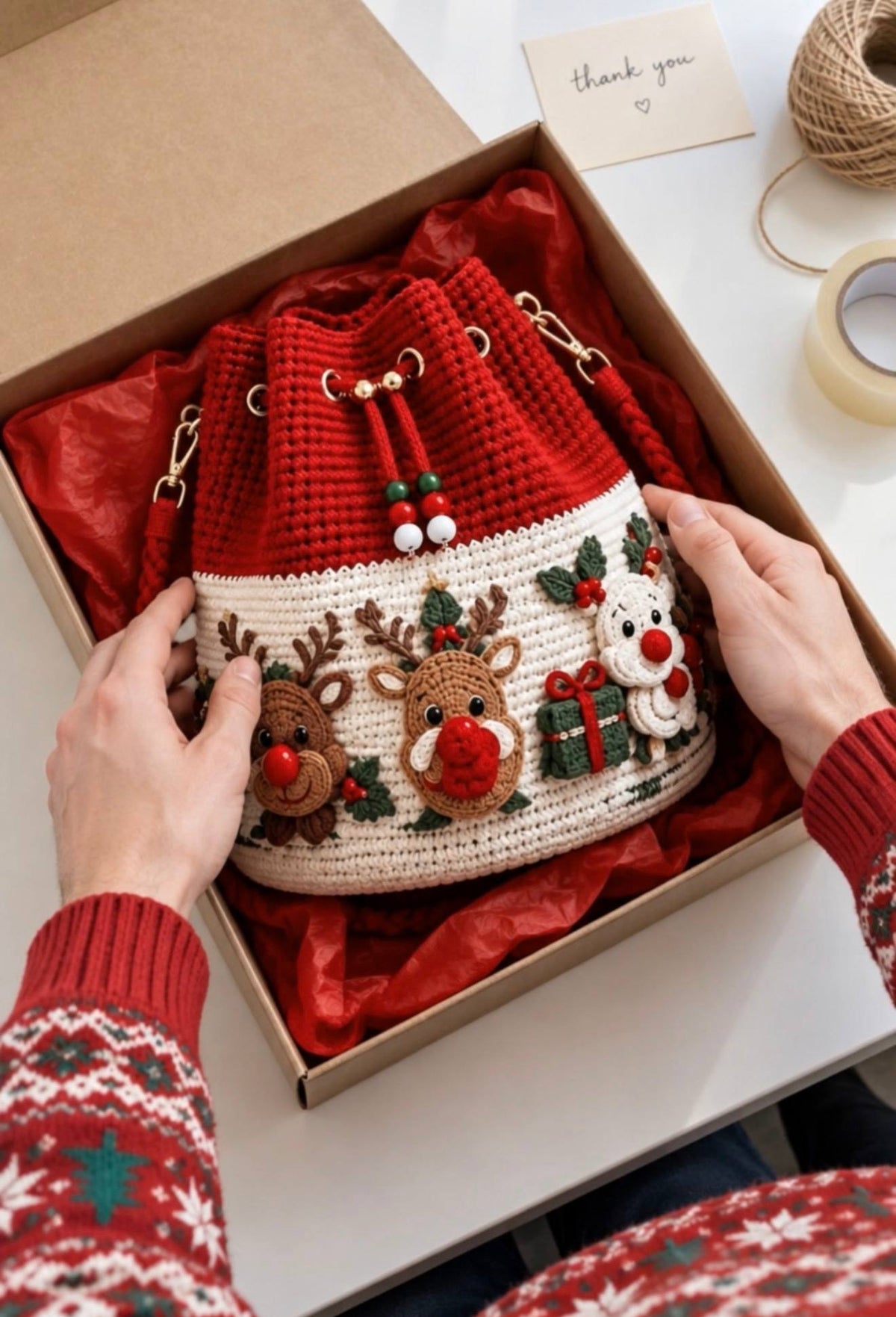Reindeer crochet bucket bag packed in a gift box with red tissue paper