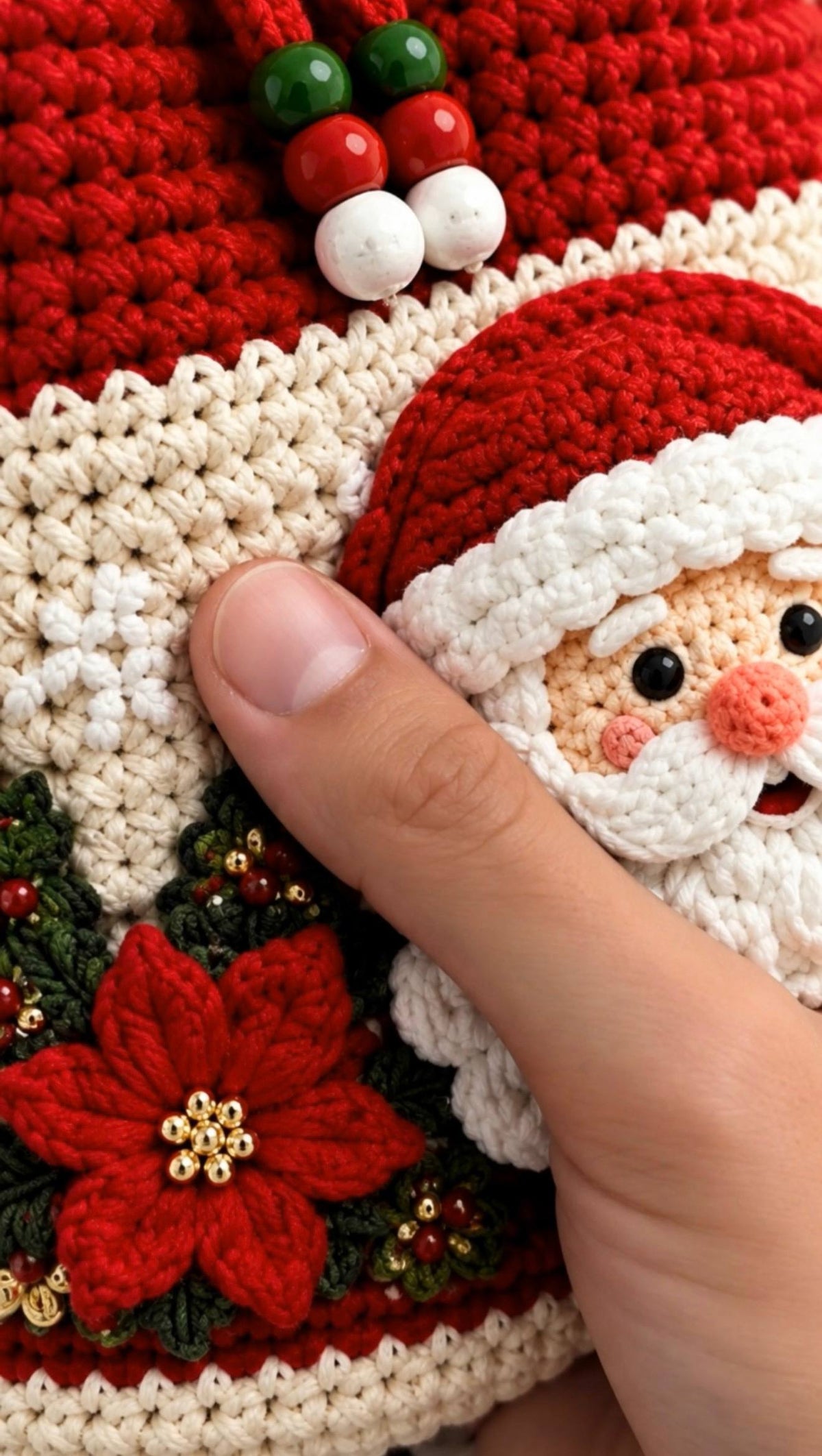 Close-up of the hand-crocheted Santa design with poinsettia and bead details